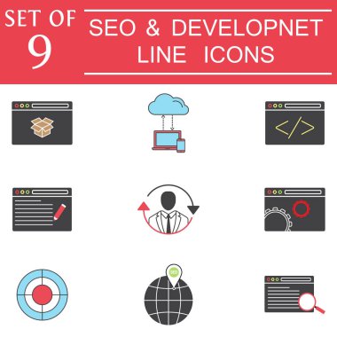 SEO ve geliştirme renkli simge kümesi, iş