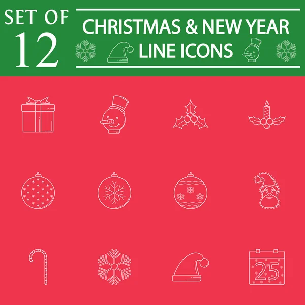 Feliz Año Nuevo y Navidad línea pictogramas paquete, símbolos co — Vector de stock