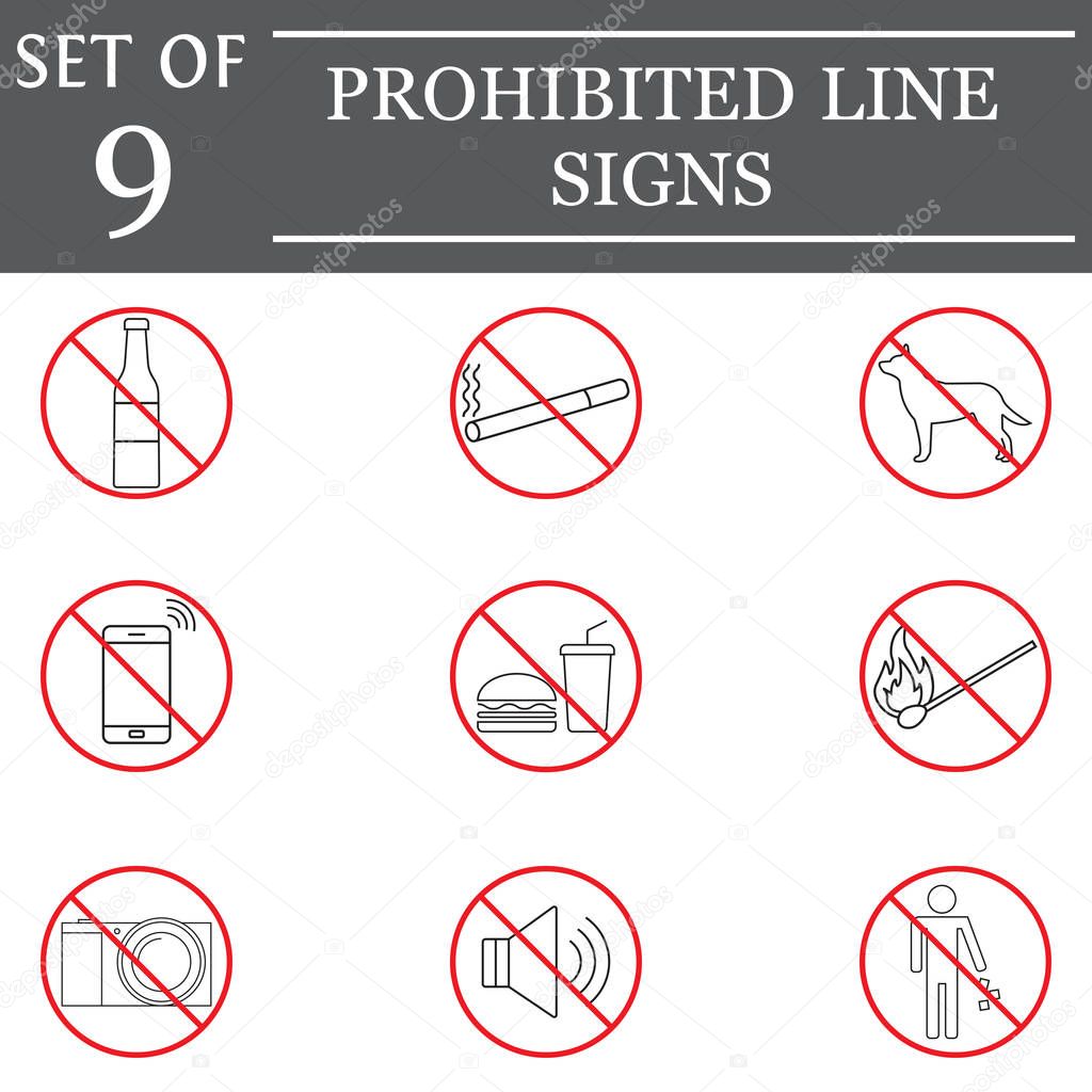 prohibited color line icon set, red forbidden sign