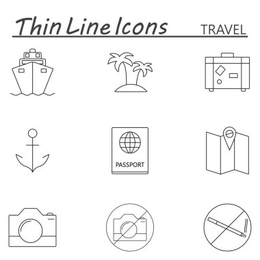 Satır Icons set, seyahat ve Turizm anahat vektör simgesi toplamak
