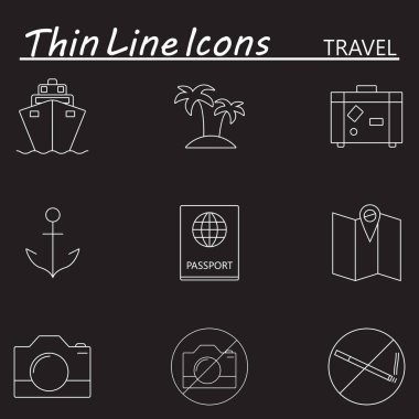 Satır Icons set, seyahat ve Turizm anahat vektör simgesi toplamak