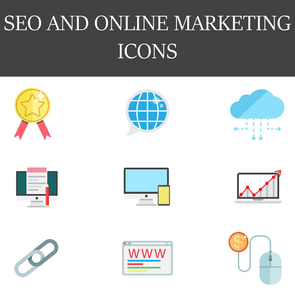 SEO и интернет-линейка и полный набор, красочные контуры и s
