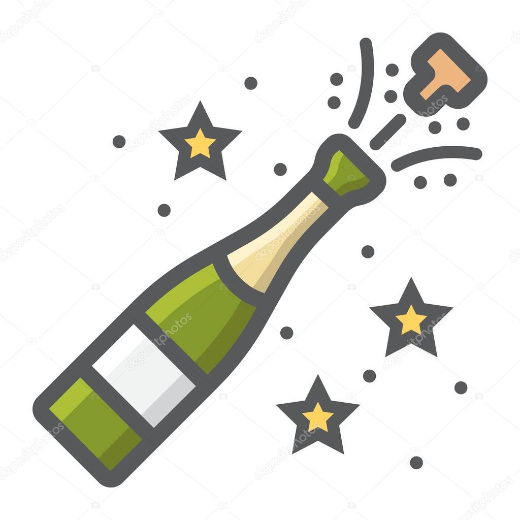 Champagne bottle pop filled outline icon, New year and Christmas, xmas sign vector graphics, a colorful line pattern on a white background, eps 10.