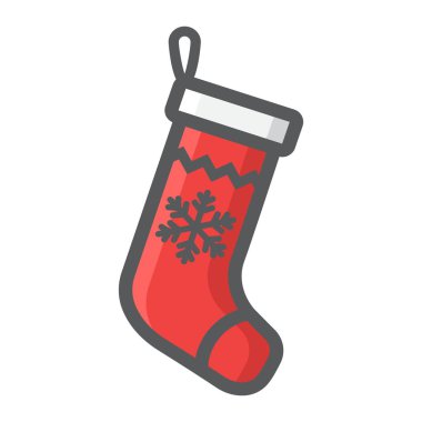 Noel çorap anahat simgesini, Yılbaşı ve Yeniyıl, Noel hediye işareti vektör grafikleri, beyaz bir arka planda eps 10 renkli çizgi deseni dolu.