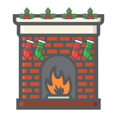 Noel şömine anahat simgesini, yeni yıl ve Noel, işareti vektör grafikleri, beyaz bir arka planda eps 10 renkli çizgi deseni xmas dolu.