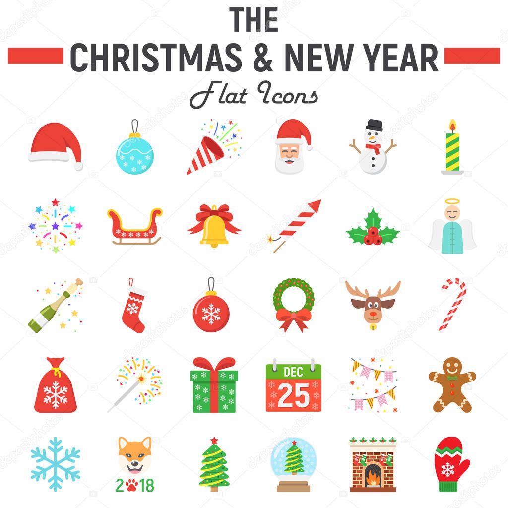 Christmas flat icon set, new year symbols collection, vector sketches, logo illustrations, holiday signs colorful solid pictograms package isolated on white background, eps 10.