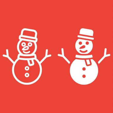 Kardan adam çizgi ve glif simgesi, yeni yıl ve Noel, Noel işareti vektör grafikleri, kırmızı bir arka plan, eps 10 doğrusal bir desen.