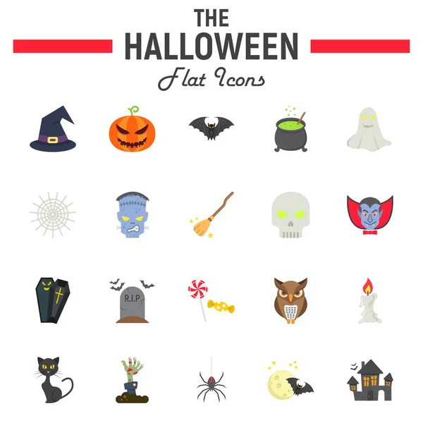 Conjunto de iconos planos de Halloween, colección de símbolos de miedo — Vector de stock
