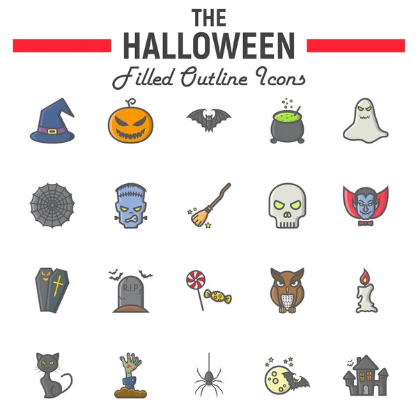Conjunto de iconos de esquema lleno de Halloween, símbolos aterradores — Vector de stock