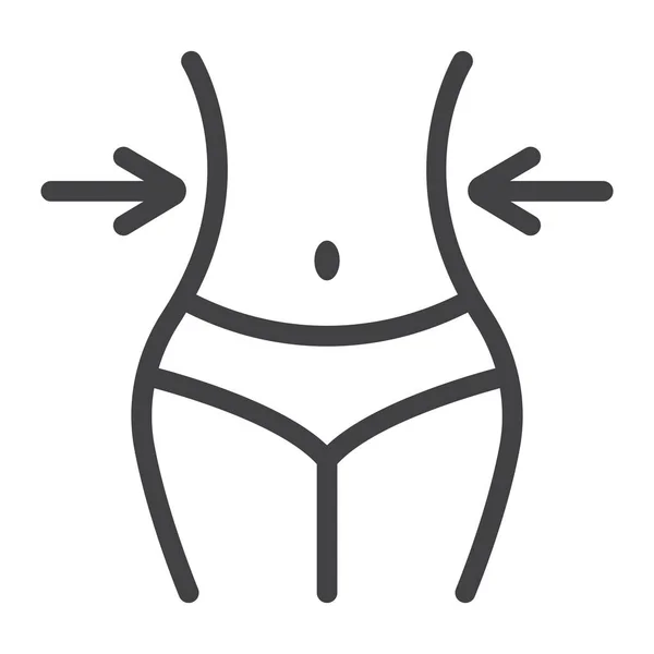 Liniensymbol für Gewichtsverlust, Fitness und Sport, schlanker Körper mit Maßband-Zeichenvektorgrafik, lineares Muster auf weißem Hintergrund, Folge 10. — Stockvektor