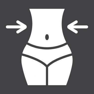 Kilo kaybı glif simgesi, fitness ve spor, kaset işareti vektör grafikleri, sağlam bir desen siyah bir arka plan, eps 10 ölçme ile vücut zayıf.