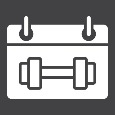 Eğitim programı glif simgesi, fitness ve spor, spor takvim işareti vektör grafikleri, siyah bir arka plan, eps 10 katı bir desen.