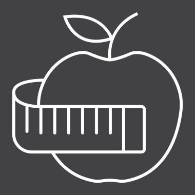 Apple ölçme bant satırı simgesi, fitness ve spor, diyet işareti ile vektör grafikleri, doğrusal model siyah bir arka plan, eps 10.