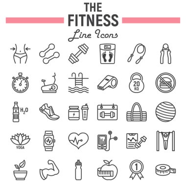 Fitness satır simge seti, spor semboller koleksiyonu, vektör çizimler, logo illüstrasyonlar, sağlıklı beslenme işaretleri doğrusal sembollerin beyaz arka plan üzerinde eps 10 izole paketi.