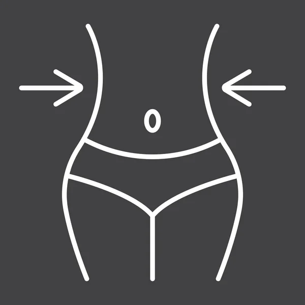 Icono de línea de pérdida de peso, fitness y deporte, cuerpo delgado con gráficos vectoriales de cinta métrica, un patrón lineal sobre un fondo negro, eps 10 . — Archivo Imágenes Vectoriales