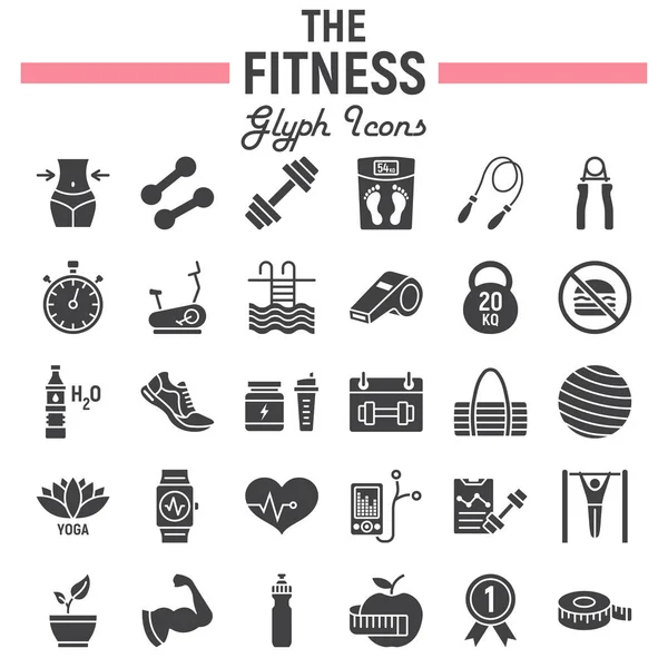 Fitness glyph pictogrammenset, sport symbolen collectie, vector schetsen, logo illustraties, gezonde voeding ondertekent solide pictogrammen pakket geïsoleerd op een witte achtergrond, eps 10. — Stockvector