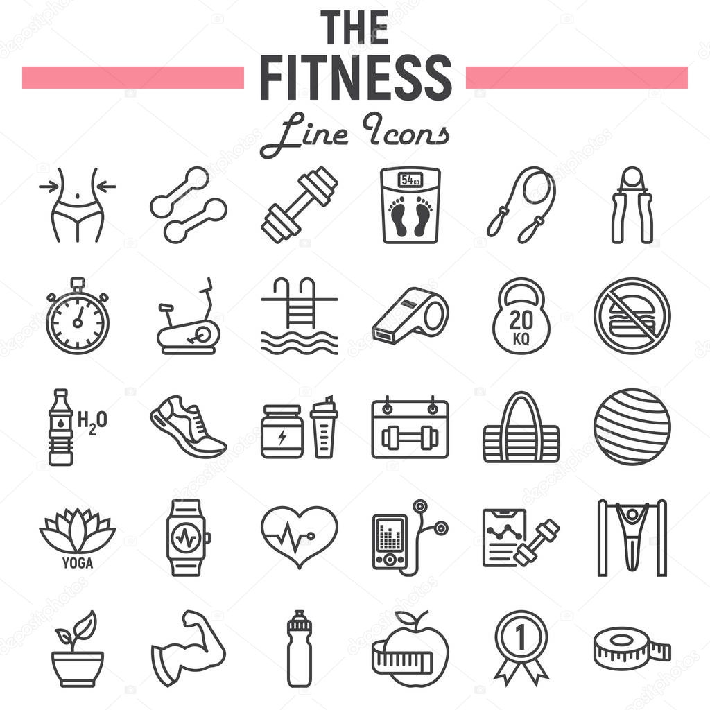 Fitness line icon set, sport symbols collection, vector sketches, logo illustrations, healthy diet signs linear pictograms package isolated on white background, eps 10.