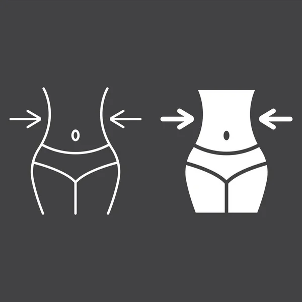 Gewichtsverlust und Glyphen-Symbol, Fitness und Sport, schlanker Körper mit Maßband-Zeichenvektorgrafik, ein lineares Muster auf schwarzem Hintergrund, Folge 10. — Stockvektor