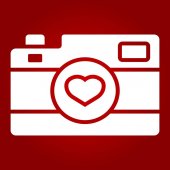 Láska fotoaparát glyf ikona, Valentýna a Romantický, fotografie znamení vektorové grafiky, solidní vzor na červeném pozadí, eps 10.