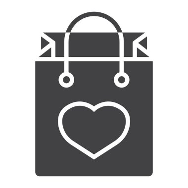 Alışveriş çantası kalp glif simgesi, Sevgililer günü ve romantik hediye işareti vektör grafikleri, beyaz bir arka planda eps 10 katı bir desen.