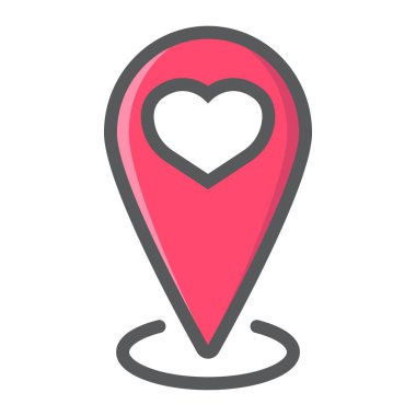 Harita göstergesi dolu kalp anahat simgesi, Sevgililer günü ve romantik, aşk PIN işareti vektör grafikleri ile renkli bir çizgi deseni eps 10, beyaz bir arka plan.