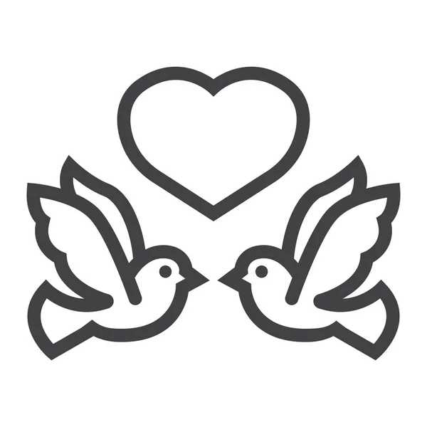 Palomas de la boda con el icono de la línea del corazón, día de San Valentín y romántico, gráficos vectoriales signo de boda, un patrón lineal sobre un fondo blanco, eps 10 . — Vector de stock