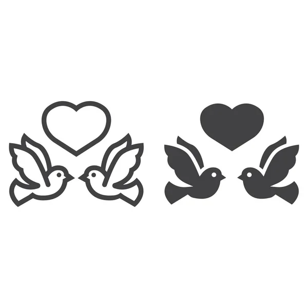 Wedding doves with heart line and glyph icon — Stock Vector