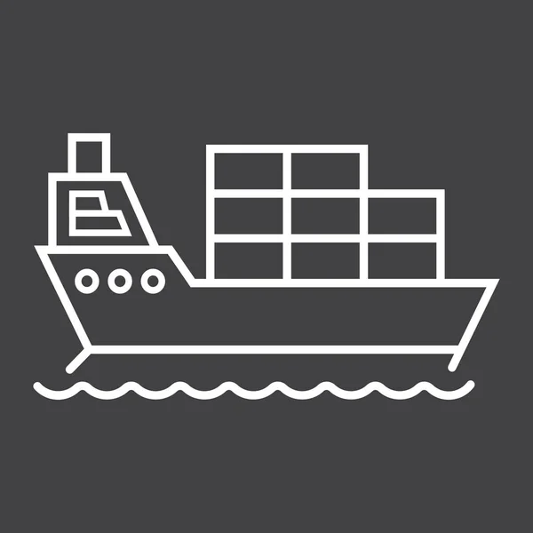 Frachtschiff-Liniensymbol, Logistik und Auslieferung, Verkehrszeichenvektorgrafik, ein lineares Muster auf schwarzem Hintergrund, Folge 10. — Stockvektor
