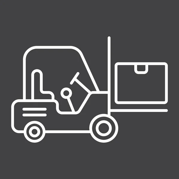 Targonca szállítás teherautó sor ikon, logisztikai és szállítási rakomány jármű jel vektor grafika, a fekete háttér, eps 10 lineáris szerkezet. — Stock Vector