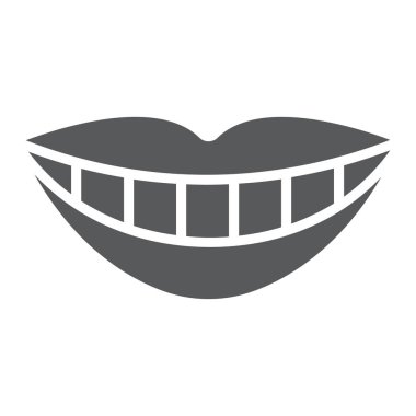 Gülümseme beyaz diş glif simgesi, stomatology ve diş ile dudakları işareti vektör grafikleri, beyaz bir arka planda eps 10 katı bir desen.