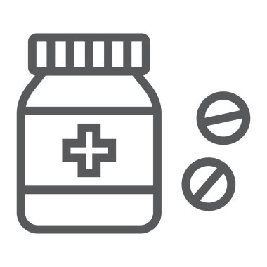 Hapları şişe satırı simgesi, tıbbi ve sağlıklı, uyuşturucu vektör grafikleri, doğrusal model beyaz bir arka planda eps 10 oturum..