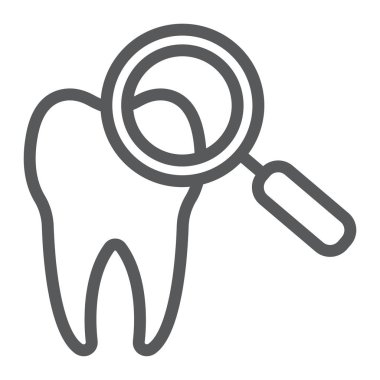 Diş onay satırı simgesi, stomatology ve diş, Büyüteç işareti vektör grafikleri, doğrusal model beyaz bir arka planda eps 10.