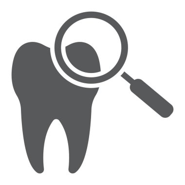 Glif simgesi, stomatology ve diş, Büyüteç işareti vektör grafikleri, sağlam bir desen beyaz bir arka planda eps 10 diş hesabı.