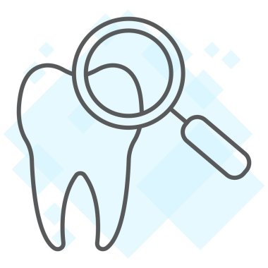 İnce çizgi simgesi, stomatology ve diş, Büyüteç işareti vektör grafikleri, doğrusal model beyaz bir arka planda eps 10 diş hesabı.