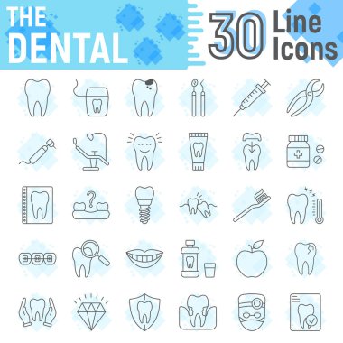 Diş ince çizgi Icon set, Stomatology semboller koleksiyonu, vektör çizimler, logo illüstrasyonlar, diş Kliniği işaretleri doğrusal sembollerin paket beyaz arka plan üzerinde eps 10 izole.