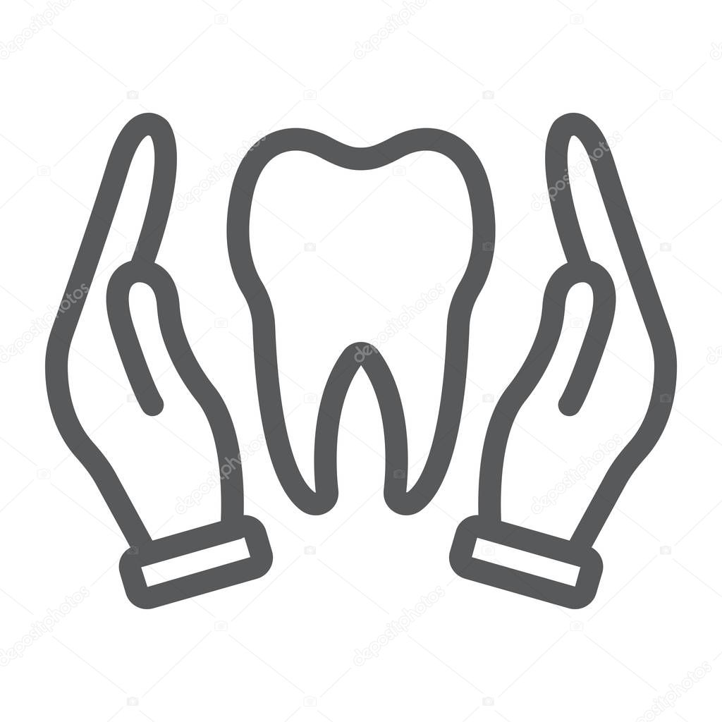 Hands holding tooth line icon, stomatology and dental, dental care sign vector graphics, a linear pattern on a white background, eps 10.