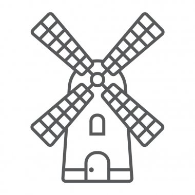 Yel değirmeni ince çizgi simgesi, tarım ve tarım, çiftlik değirmen işareti vektör grafikleri, doğrusal model beyaz bir arka planda eps 10.