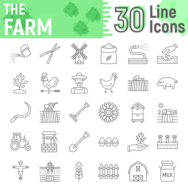 ファーム細い線アイコンを設定、農業、農業ロゴ イラスト、ベクター スケッチ記号のコレクションに署名 eps 10 白い背景に分離された線形絵文字パッケージ. — ストックベクタ