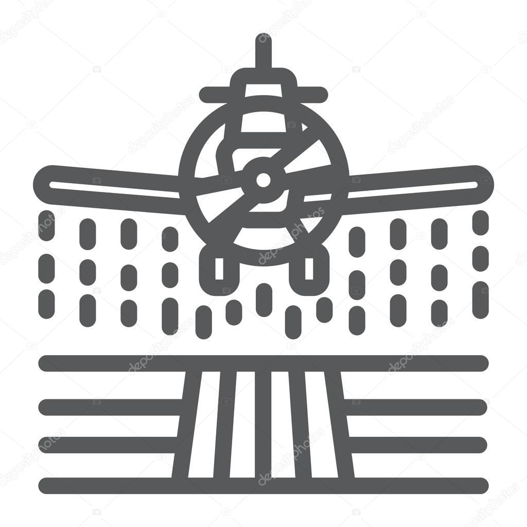 Plane sprays pesticides line icon, farming and agriculture, farm crop duster sign vector graphics, a linear pattern on a white background, eps 10.