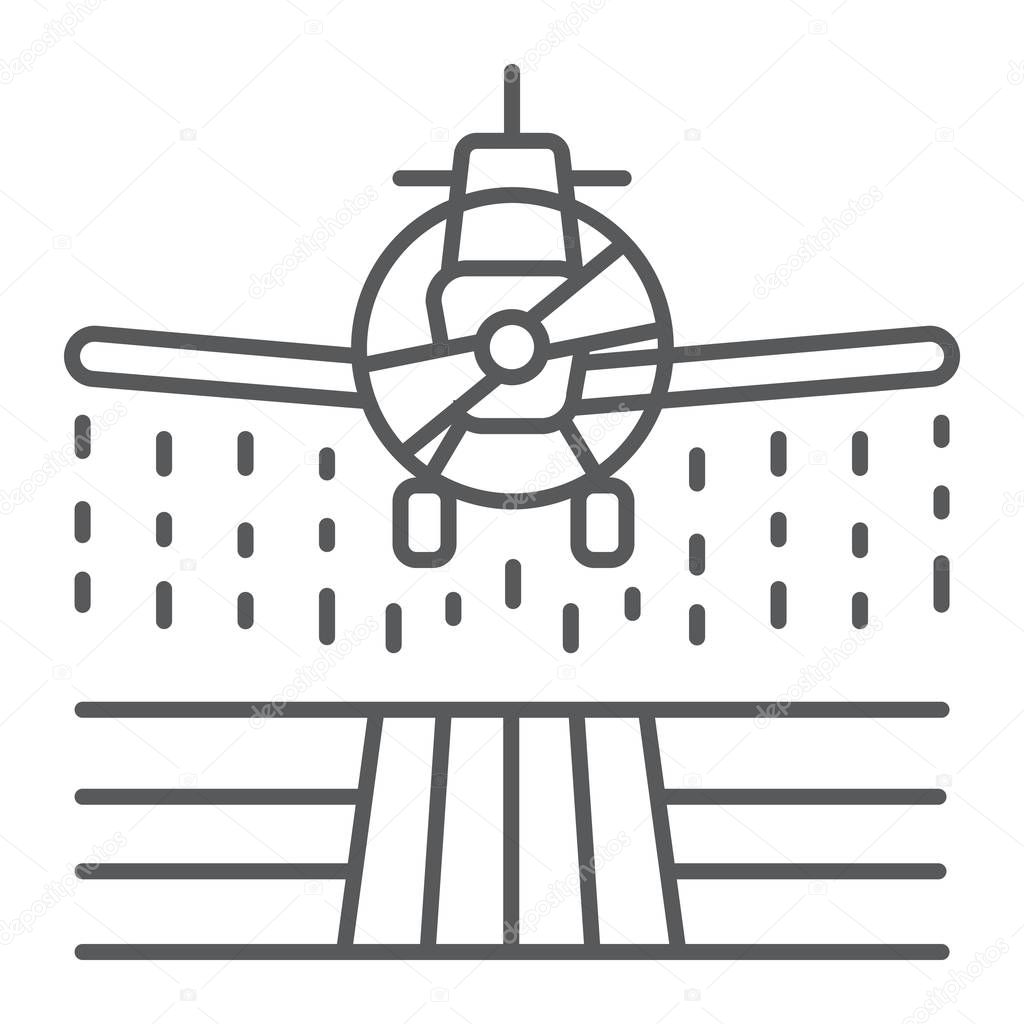 Plane sprays pesticides thin line icon, farming and agriculture, farm crop duster sign vector graphics, a linear pattern on a white background, eps 10.