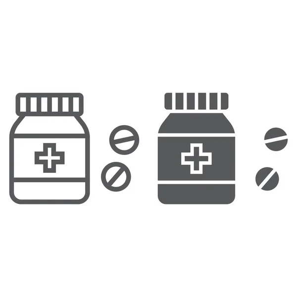 Pillen fles lijn en glyph pictogram, medische en gezond, drugs teken vector graphics, een lineair patroon op een witte achtergrond, eps 10. — Stockvector
