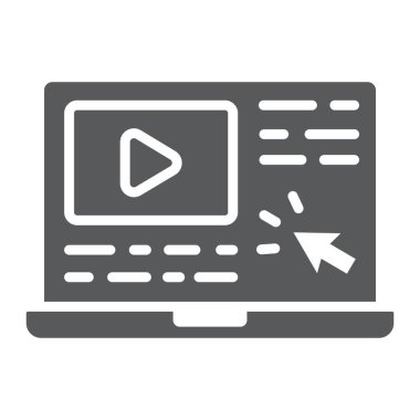 Öğreticiler glif simgesi, e öğrenme ve eğitim, vektör grafik, bir katı model beyaz bir arka planda eps 10 video dersler imzalamak.