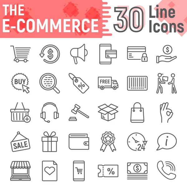 E ticaret satır Icon set, Online mağaza semboller koleksiyonu, vektör çizimler, logo illüstrasyonlar, internet alışveriş işaretleri doğrusal sembollerin paketi izole beyaz zemin üzerine, eps 10. — Stok Vektör
