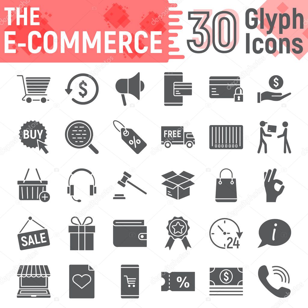 E commerce glyph icon set, Online store symbols collection, vector sketches, logo illustrations, internet shopping signs solid pictograms package isolated on white background, eps 10.