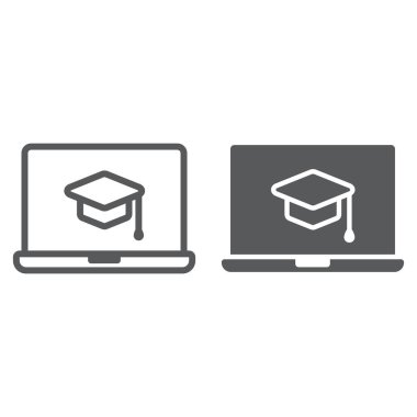 Online ders çizgi ve glif simgesi, e öğrenme ve eğitim, mesafe öğrenmek işareti vektör grafikleri, doğrusal model beyaz bir arka planda eps 10.