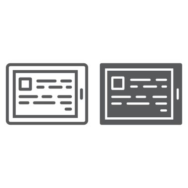 E, satır ve karakter simgesi, e öğrenme ve eğitim okuma tablet işareti vektör grafikleri, doğrusal model beyaz bir arka planda eps 10.