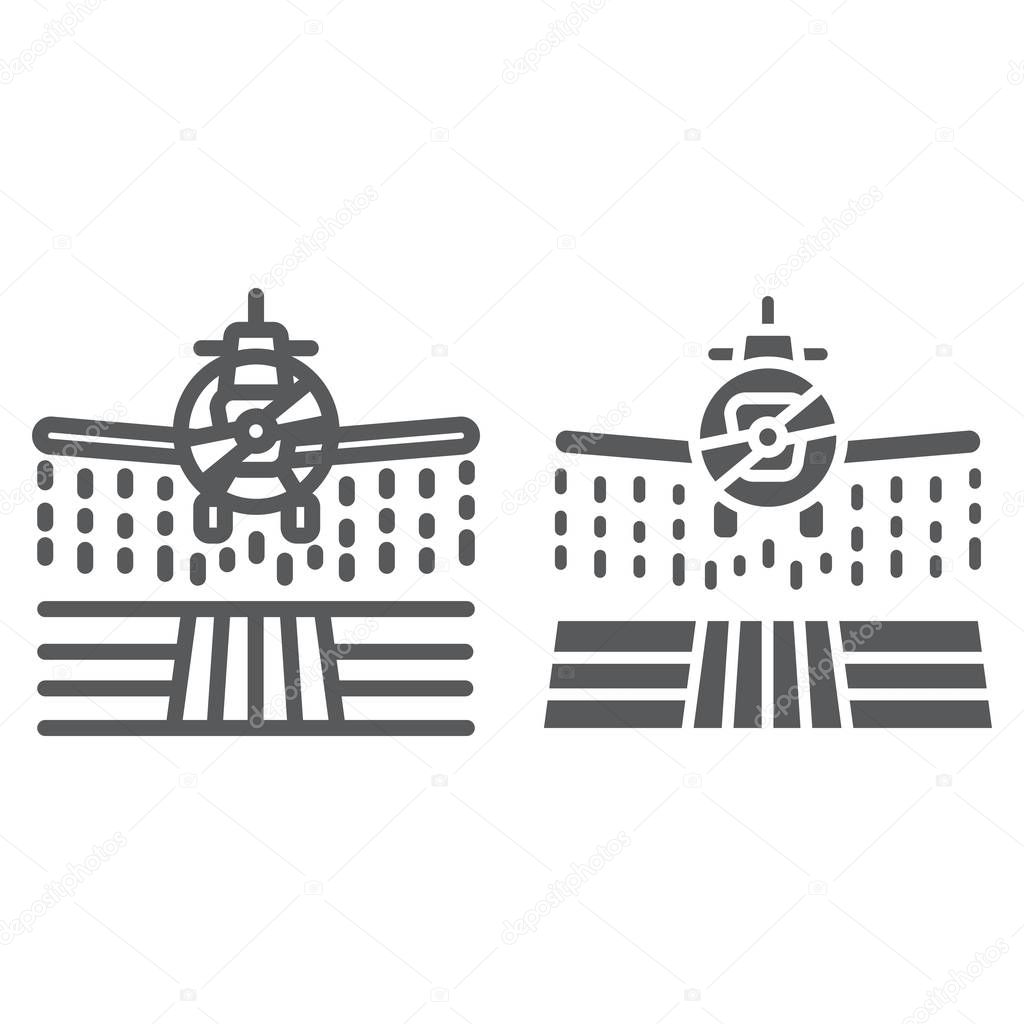 Plane sprays pesticides line and glyph icon, farming and agriculture, farm crop duster sign vector graphics, a linear pattern on a white background, eps 10.