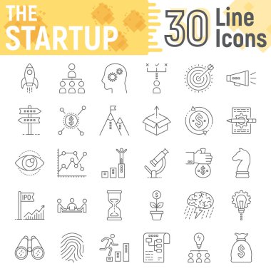 Başlangıç ince çizgi Icon set, geliştirme semboller koleksiyonu, vektör çizimler, logo illüstrasyonlar, ticari Finans işaretleri doğrusal sembollerin paket beyaz arka plan üzerinde eps 10 izole.