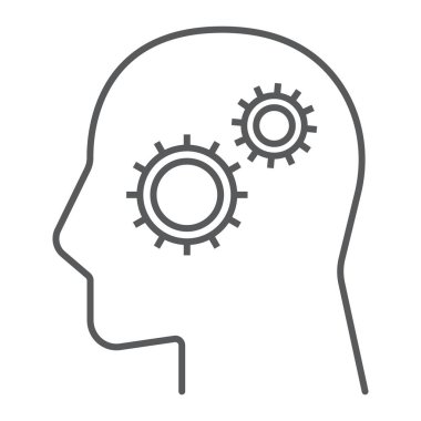 İş çözüm ince çizgi simgesi, geliştirme ve iş, kişi dişli işareti ile vektör grafikleri, doğrusal model beyaz bir arka planda eps 10.