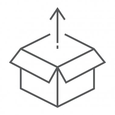 Ürün Açıklaması ince çizgi simgesi, geliştirme ve iş, aç kutusunun işareti vektör grafikleri, doğrusal model beyaz bir arka planda eps 10.